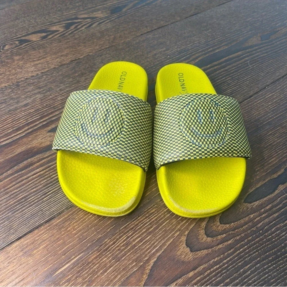 Old Navy Kids Yellow Smiley Sandals Sporty Slip-On Slides Cushy Summer Sz‎ 12/13